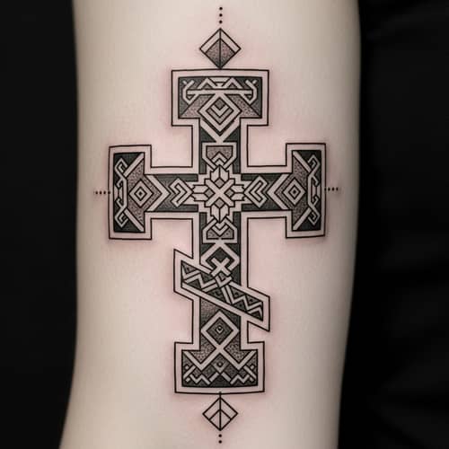 Intricate Slavic Cross Tattoo Design with Geometric Elements