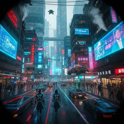 Futuristic Cyberpunk Cityscape: Neon-Lit Streets & High-Tech Architecture