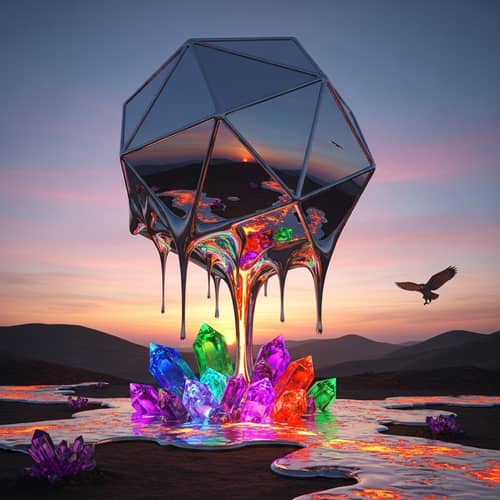 Metallic Geometric Object Blending with Landscape | Colorful Crystals Emergence