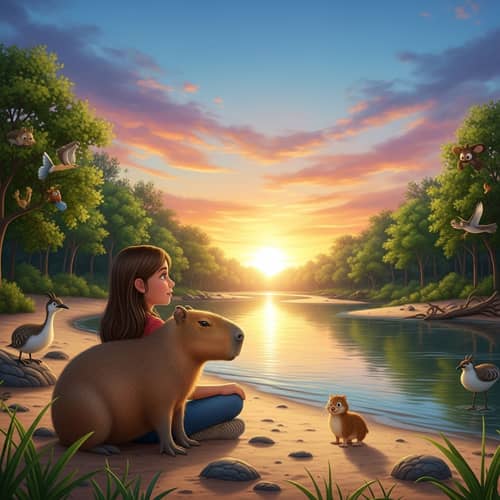 9-Year-Old Girl and Capybara Watching Sunset by River in Forest