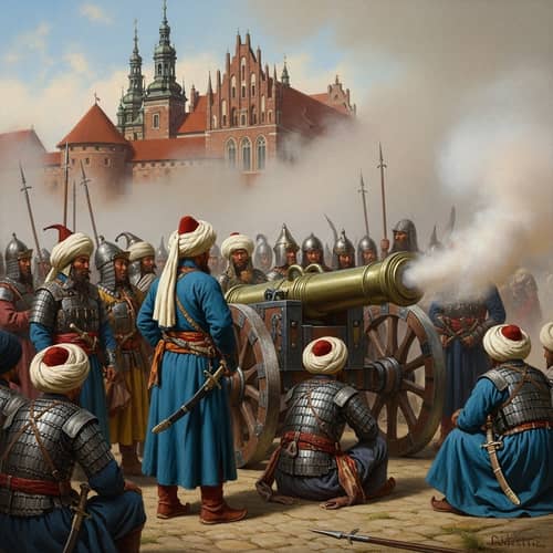 Mongol Soldiers with Turkish Cannon Attack Polish Castle