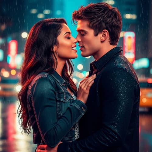 Romantic Scene with Actors Under Rain in City Landscape