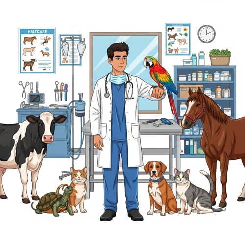 Young Hispanic Veterinary Doctor with Diverse Animals