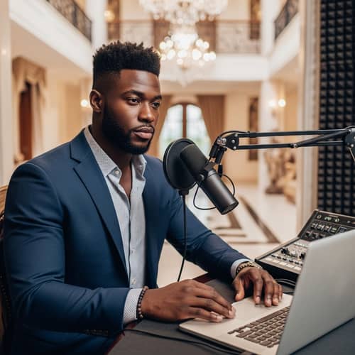 Luxurious Black Man Creating Podcast in Villa