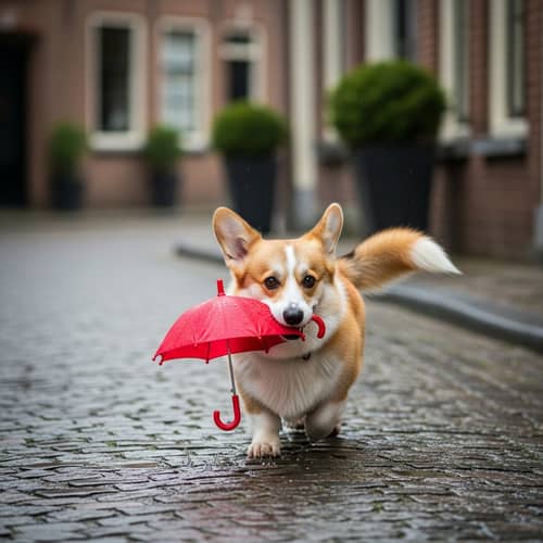 Dog with Umbrella: Cute Canine Sheltered from Rain