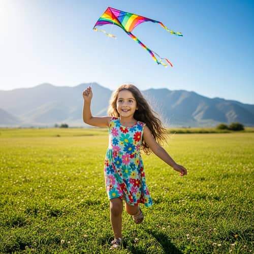 Happy Middle-Eastern Girl Playing with Kite in Lush Green Fields