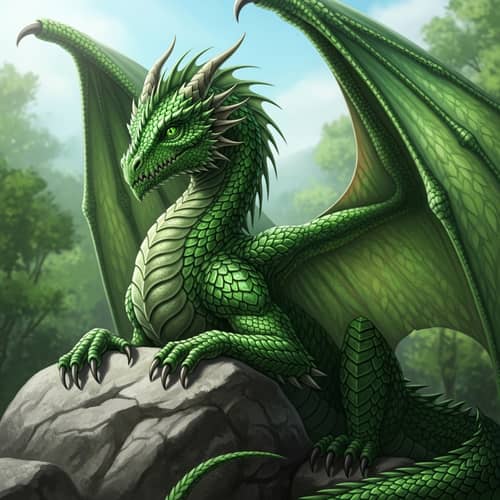 Emerald Green Dragon - Mystical Creature in Vibrant Landscape