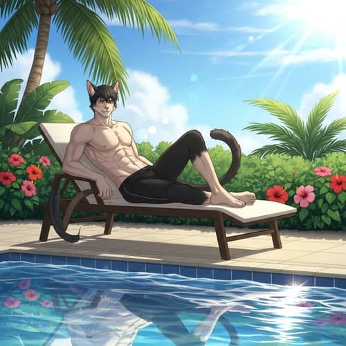 Male Cat-Demi-Human by Pool | Swim Trunks & Feline Features