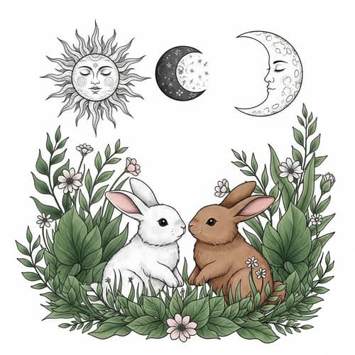 Spring Bunnies and Plants Tattoo Design