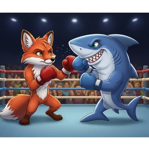 Cartoon Fox Vs Cartoon Shark Boxing Match in Traditional Ring