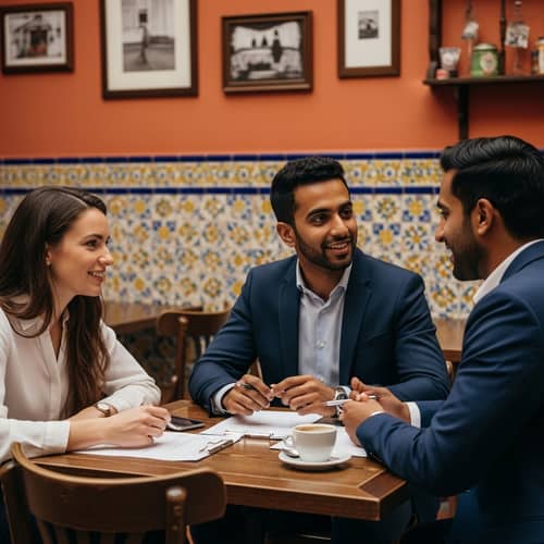 Diverse Startup Founders Meeting in Rustic Spanish Cafe