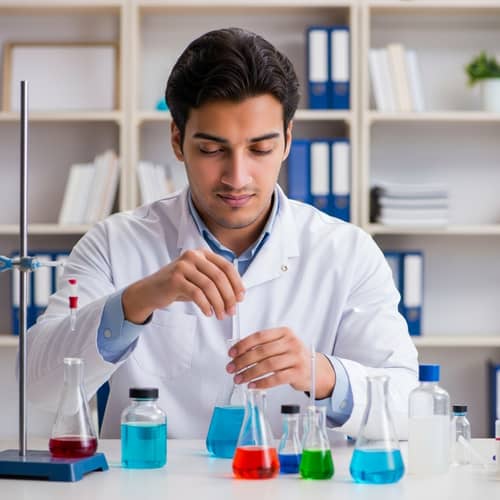 Happy Middle-Eastern Student Mixing Chemical Solutions in Chemistry Lab