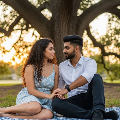 Romantic Scene of Love in a Park at Sunset