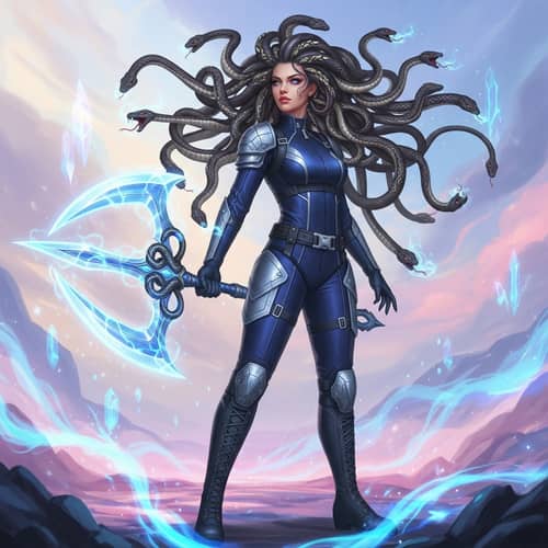 Female Mythical Being with Snake-Like Hair and Mystical Weapon