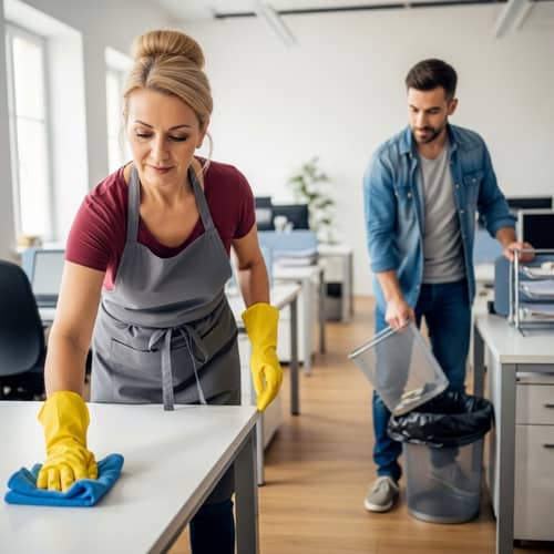 European Cleaning Lady & Husband in Office Scene