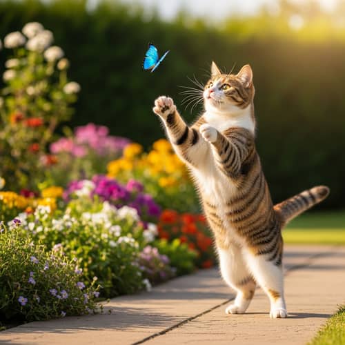 Playful Domestic Cat Chasing Butterfly in Blooming Garden