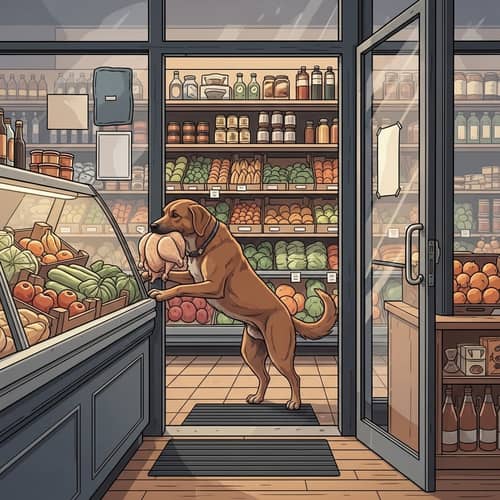 Playful Dog Steals Chicken from Local Grocery Shop
