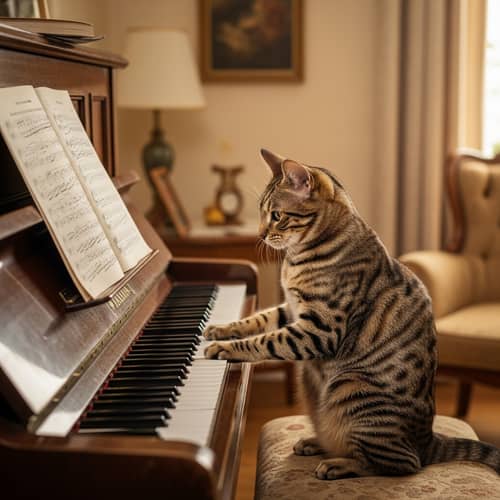 Spotted Tabby Cat Playing Piano - Musical Cat in Cozy Room