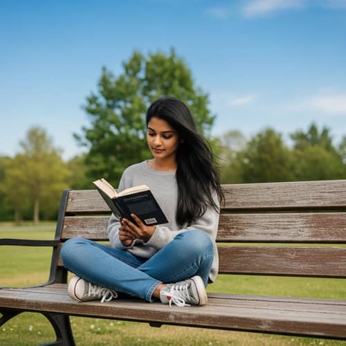 Tranquil Park Reading | South Asian Woman Enjoying Novel Outdoors