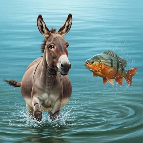 Tranquil Encounter: Donkey and Fish Playful Interaction in Water