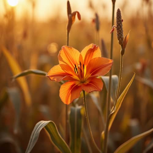 Vibrant Flower in Sunset Cornfields – Macro Photography