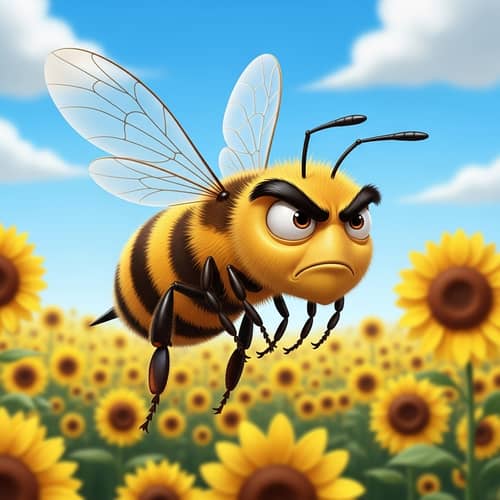 Angry Bee Cartoon - Agitated Insect Amid Sunflowers