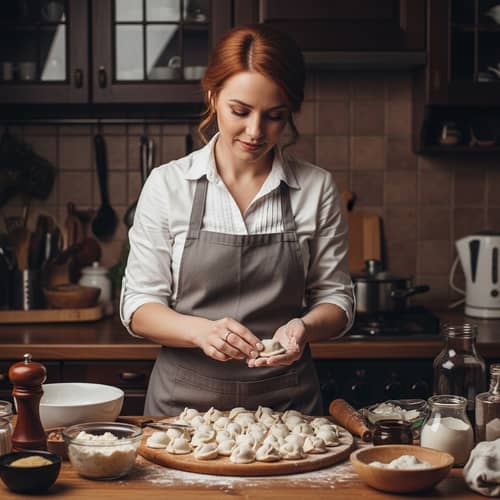 Ukrainian Woman Making Siberian Dumplings in Kitchen