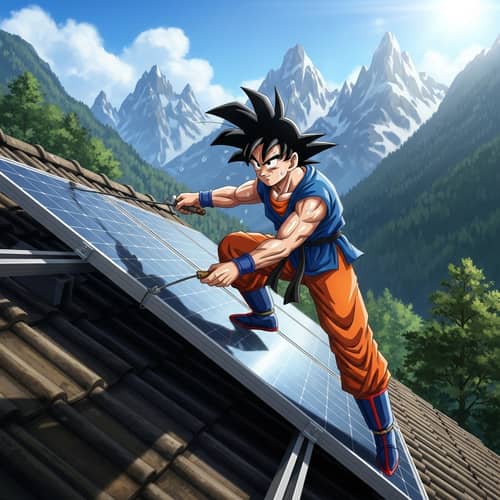 Fictional Character Installing Solar Panel on Mountain Roof