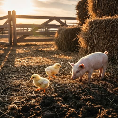 Baby Chick and Piglet in Rustic Farm Setting