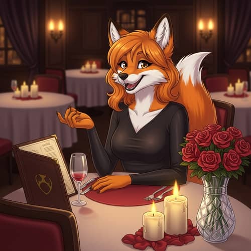 Fox Girl Enjoying Romantic Dinner at Elegant Restaurant