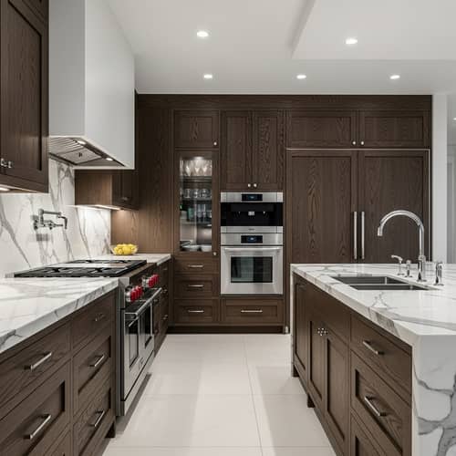 Luxurious Kitchen with Oak Veneer Fronts and Marble Countertop