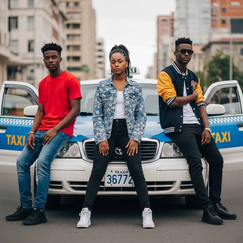 Vibrant Urban Fashion - Black Teenagers Pose with Taxi Cab