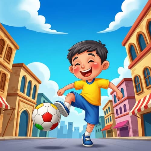 Joyful Middle Eastern Child Playing on Colorful City Street
