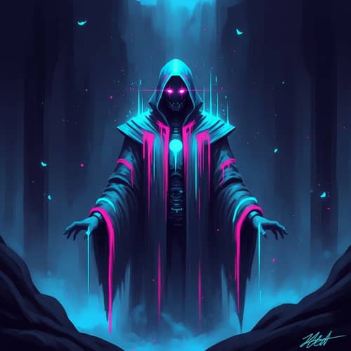 Captivating Sci-Fi Concept Art: Enigmatic Figure in Neon Colors