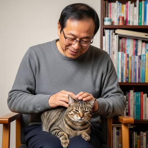 Asian Man with Cat on Lap - Heartwarming Moment