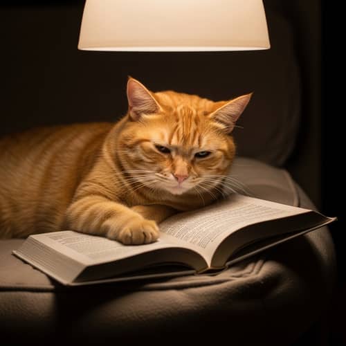Intelligent Orange Cat Reading Book on Plush Cushion