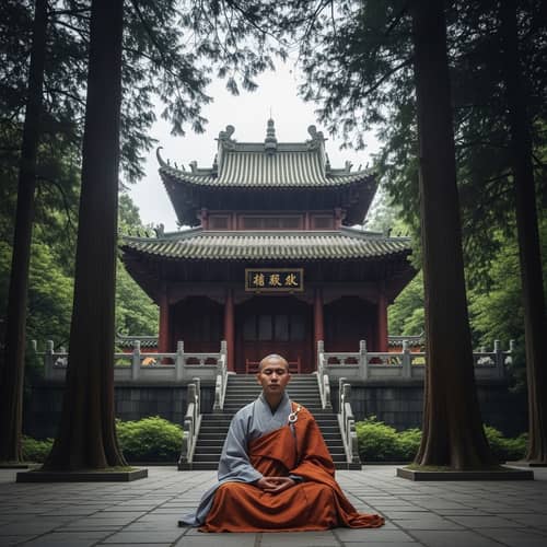 Tranquil East Asian Monk Meditating at Ancient Temple