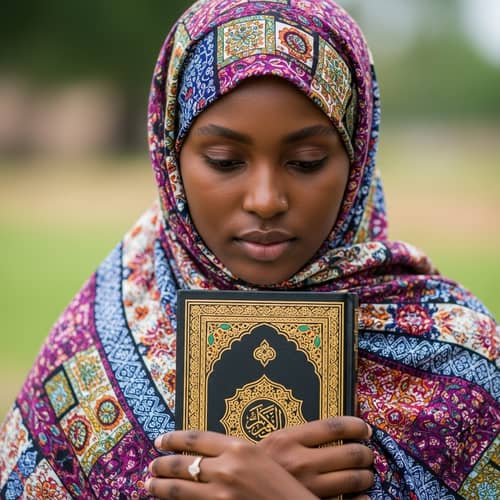 African Woman in Hijab Holding Sacred Al-Quran | Islamic Art Serenity