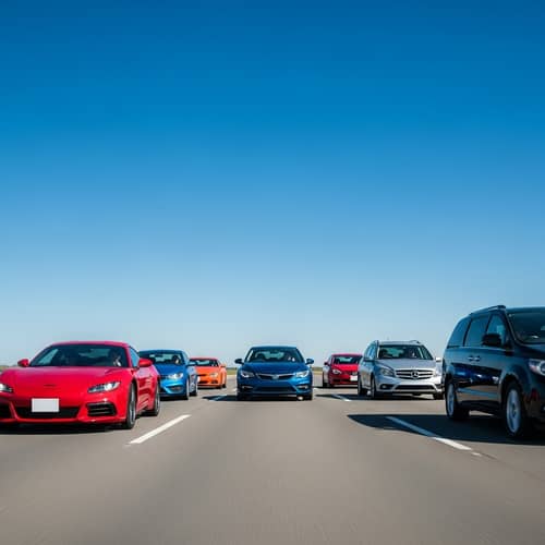 Diverse Cars on Open Road: Sports, SUVs, Luxury Sedans & More