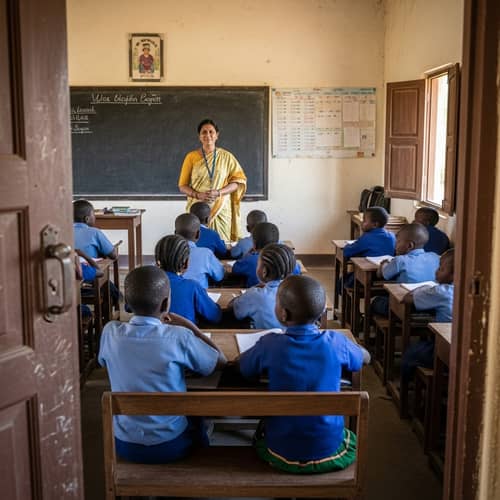 Diverse Classroom Scene: South Asian Female Teacher with African Students