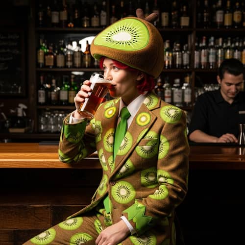 Whimsical Kiwi Suit at the Bar