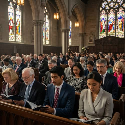 Diverse Church Congregation at Serene Stone-Built Church
