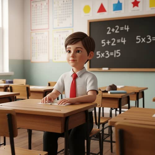 3D Caucasian Boy in Primary School Mathematics Classroom