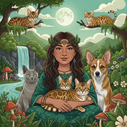 Golden Bengal Cat and Shaman Woman: Enchanting Nature Scene