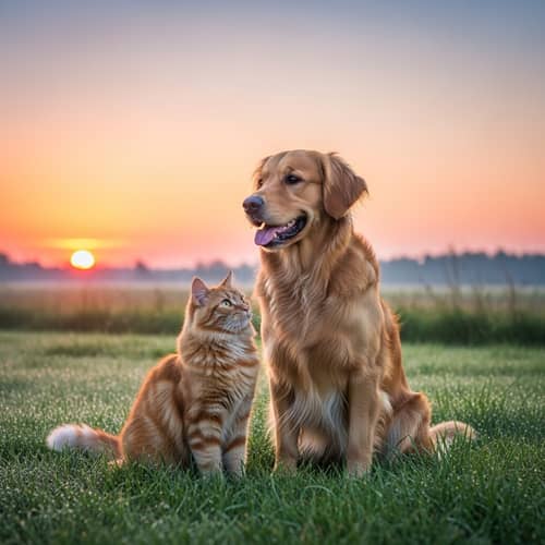 Tranquil Sunrise Scene with Golden Retriever Dog and Tabby Cat