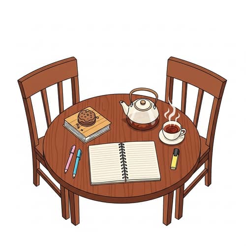 Cherry Wood Table Setting with Journal and Tea | Tranquil Scene