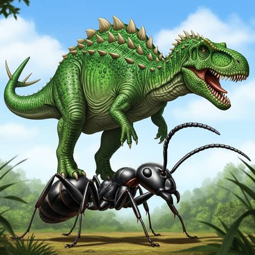 Intriguing Scene: Dinosaur Balanced on Oversized Ant