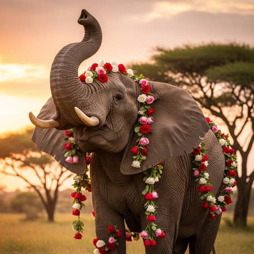 Elephant with Widely Opened Ears and Trunk Adorned with Roses