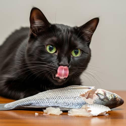 Black Domestic Cat Enjoying Fish Meal on Wooden Table