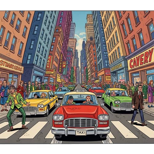 Vintage Taxi Cab in Vibrant Comic Book Style Urban Scene